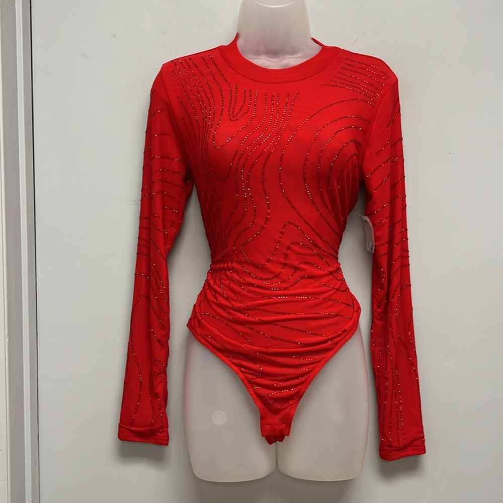 NWT Akira Sasha Embellished Mesh Long Sleeve Bodysuit/Pants Set Size Large - Picture 9 of 13